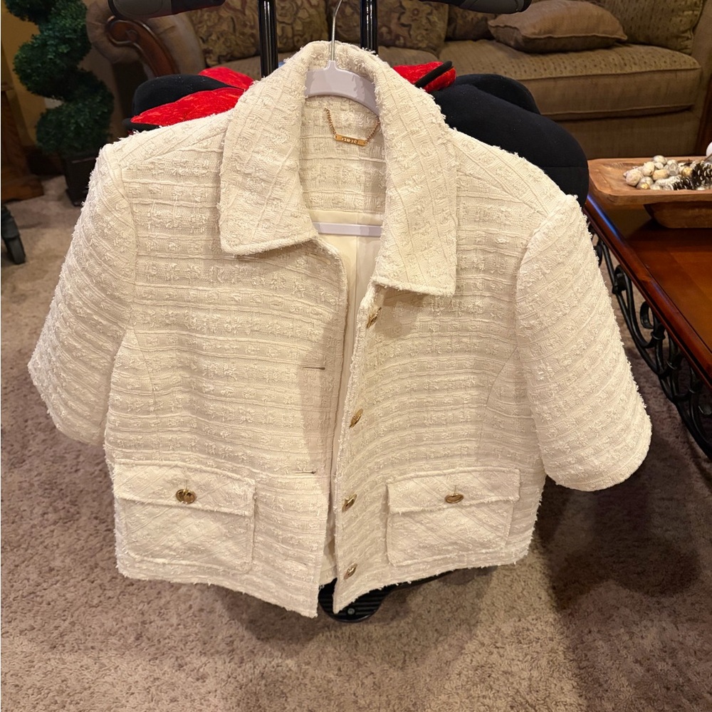 Chico's Ivory Textured Jacket with Gold Chain Detail